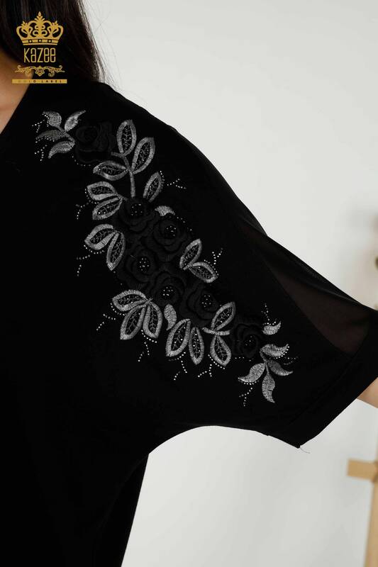 Wholesale Women's Blouse - Rose Pattern - Black - 79095 | KAZEE