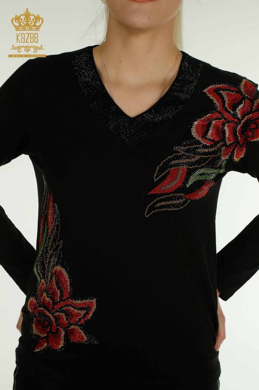 Wholesale Women's Blouse Rose Pattern Black - 79378 | KAZEE