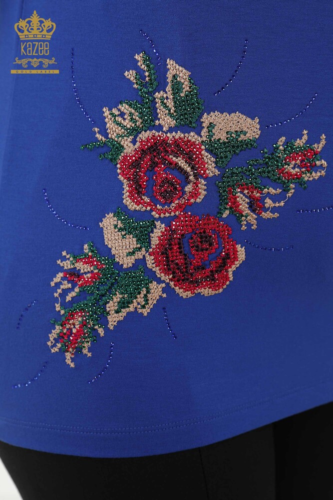 Wholesale Women's Blouse - Rose Pattern - Dark Blue - 79046 | KAZEE - 4