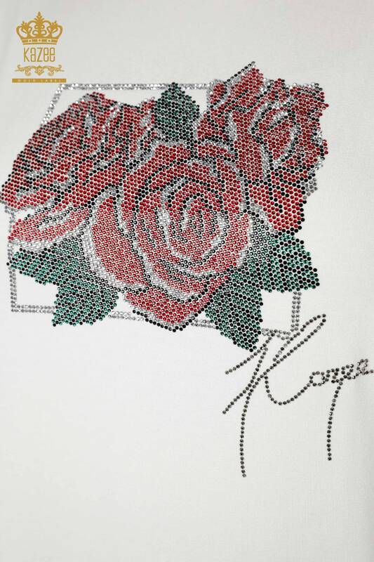 Wholesale Women's Blouse Rose Patterned Ecru - 78951 | KAZEE