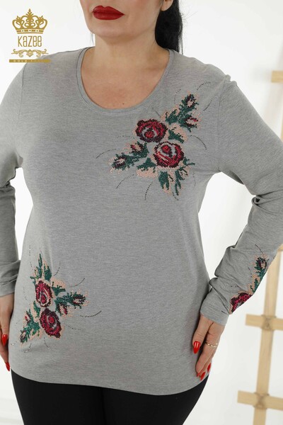 Wholesale Women's Blouse - Rose Pattern - Gray - 79046 | KAZEE - Thumbnail