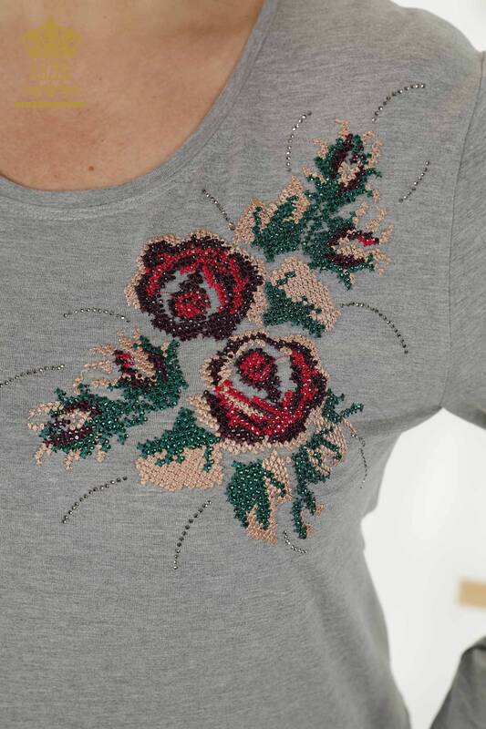 Wholesale Women's Blouse - Rose Pattern - Gray - 79046 | KAZEE
