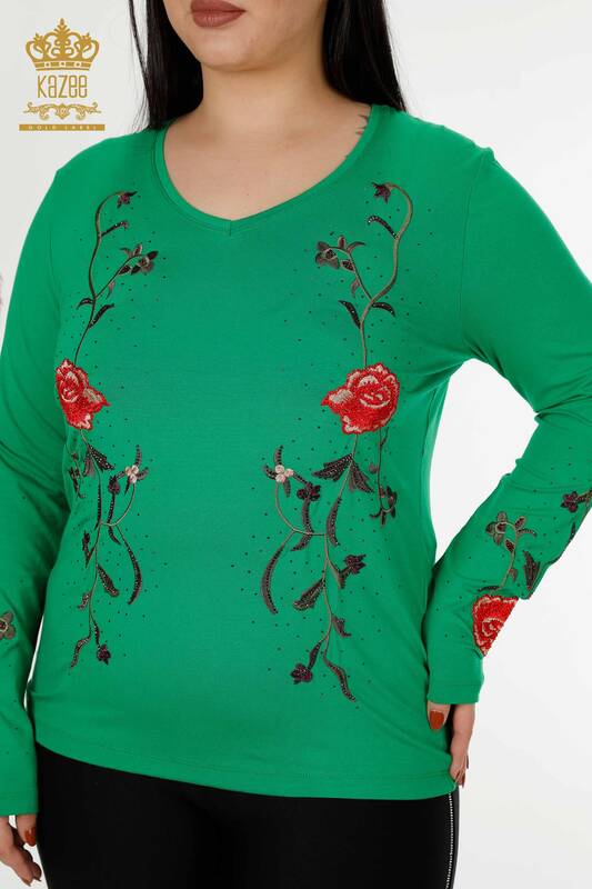 Wholesale Women's Blouse Rose Patterned Green - 79044 | KAZEE