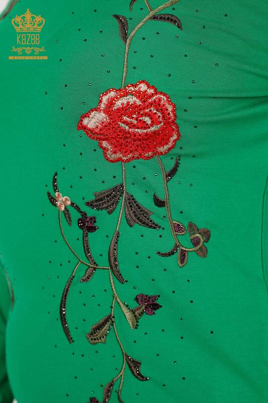 Wholesale Women's Blouse Rose Patterned Green - 79044 | KAZEE