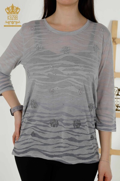Wholesale Women's Blouse Rose Patterned Gray - 79131 | KAZEE - Thumbnail