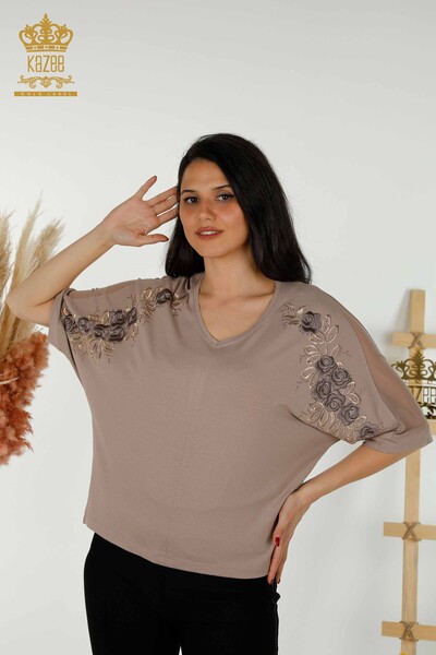 Wholesale Women's Blouse - Rose Pattern - Mink - 79095 | KAZEE - Thumbnail