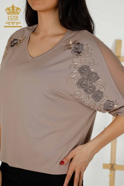 Wholesale Women's Blouse - Rose Pattern - Mink - 79095 | KAZEE - Thumbnail