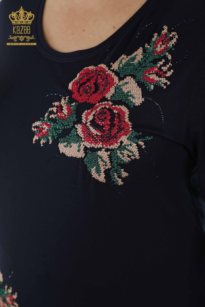 Wholesale Women's Blouse - Rose Pattern - Navy Blue - 79046 | KAZEE - 4
