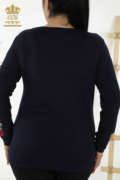 Wholesale Women's Blouse - Rose Pattern - Navy Blue - 79046 | KAZEE - 7