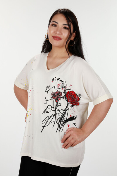 Wholesale Women's Blouse Rose Patterned With Text Detailed Stone - 78880 | KAZEE - Thumbnail