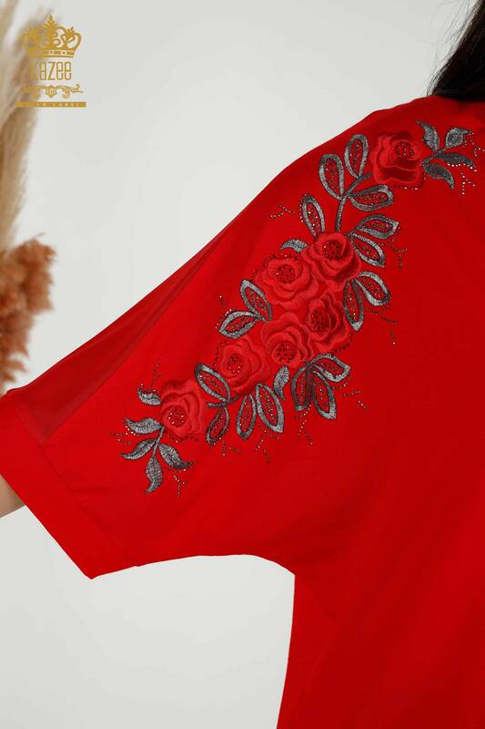 Wholesale Women's Blouse - Rose Pattern - Red - 79095 | KAZEE