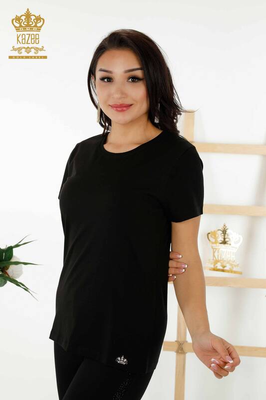 Wholesale Women's Blouse Short Sleeve Black - 79178 | KAZEE