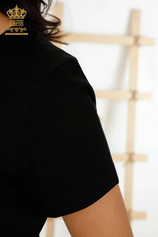 Wholesale Women's Blouse Short Sleeve Black - 79178 | KAZEE