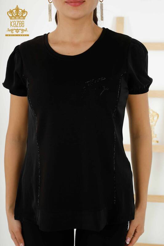 Wholesale Women's Blouse Short Sleeve Black - 79226 | KAZEE