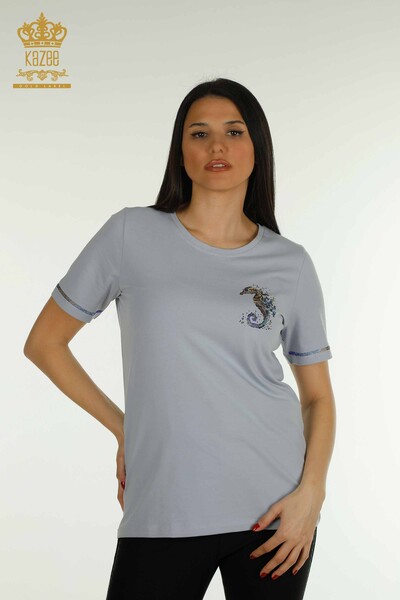 Wholesale Women's Blouse Short Sleeve Blue - 79511 | KAZEE - Thumbnail