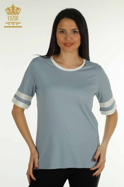 Wholesale Women's Blouse Short Sleeve Blue - 79536 | KAZEE - 1