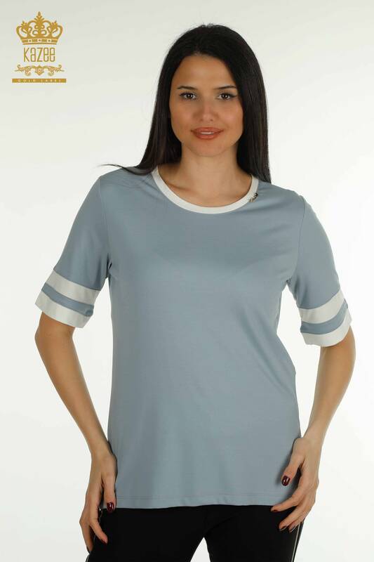 Wholesale Women's Blouse Short Sleeve Blue - 79536 | KAZEE