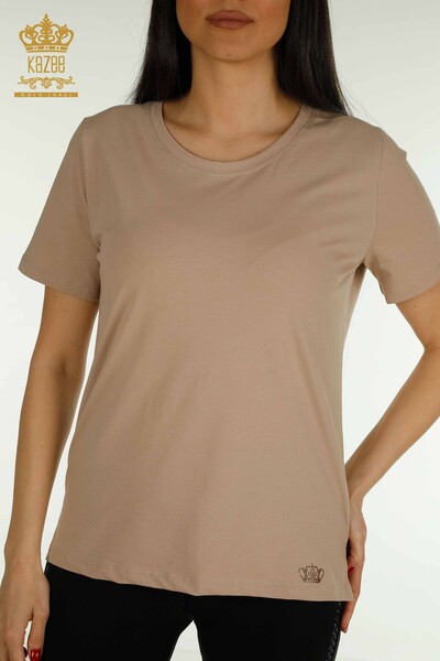 Wholesale Women's Blouse Short Sleeve Dark Beige - 79563 | KAZEE - Thumbnail