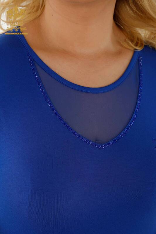 Wholesale Women's Blouse Short Sleeve Dark Blue - 79104 | KAZEE