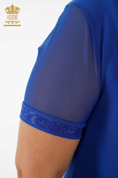 Wholesale Women's Blouse Short Sleeve Dark Blue - 79104 | KAZEE - Thumbnail