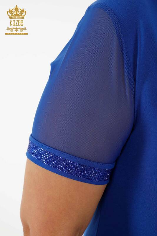 Wholesale Women's Blouse Short Sleeve Dark Blue - 79104 | KAZEE