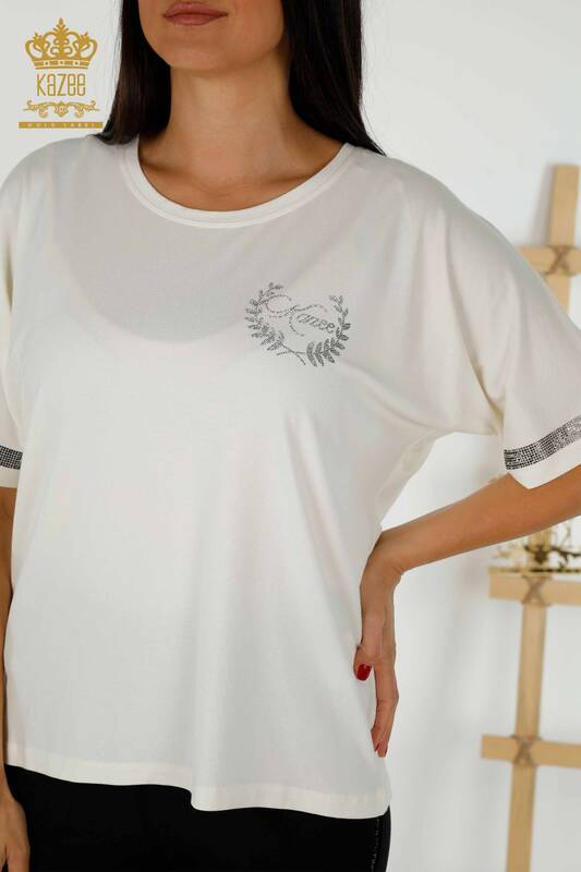 Wholesale Women's Blouse - Short Sleeve - Ecru - 79236 | KAZEE