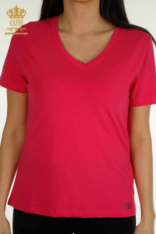 Wholesale Women's Blouse Short Sleeve Fuchsia - 79561 | KAZEE
