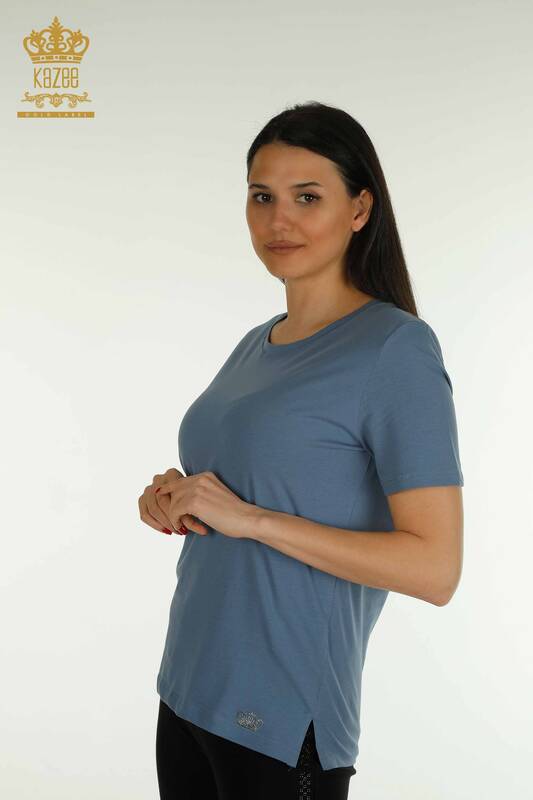 Wholesale Women's Blouse Short Sleeve Indigo - 79563 | KAZEE