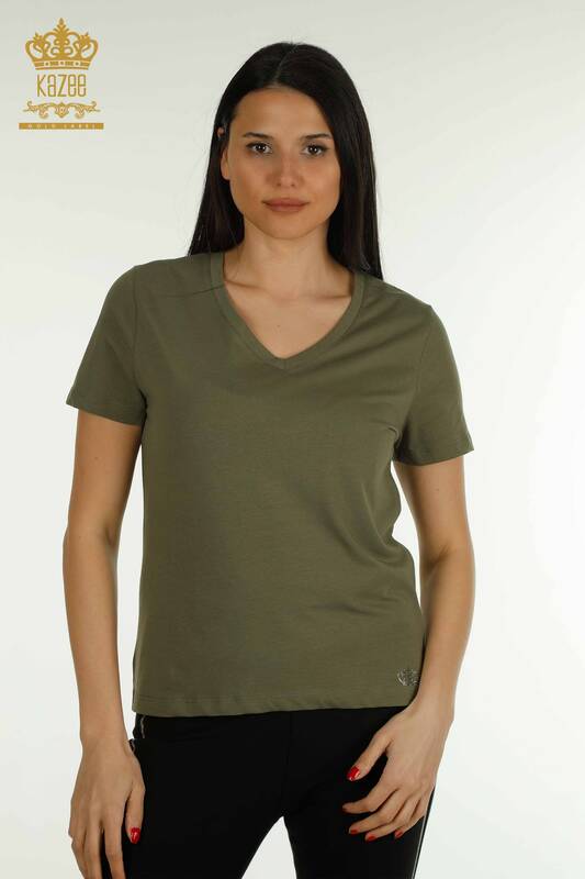 Wholesale Women's Blouse Short Sleeve Khaki - 79561 | KAZEE