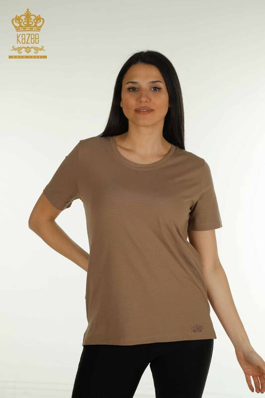 Wholesale Women's Blouse Short Sleeve Light Brown - 79563 | KAZEE