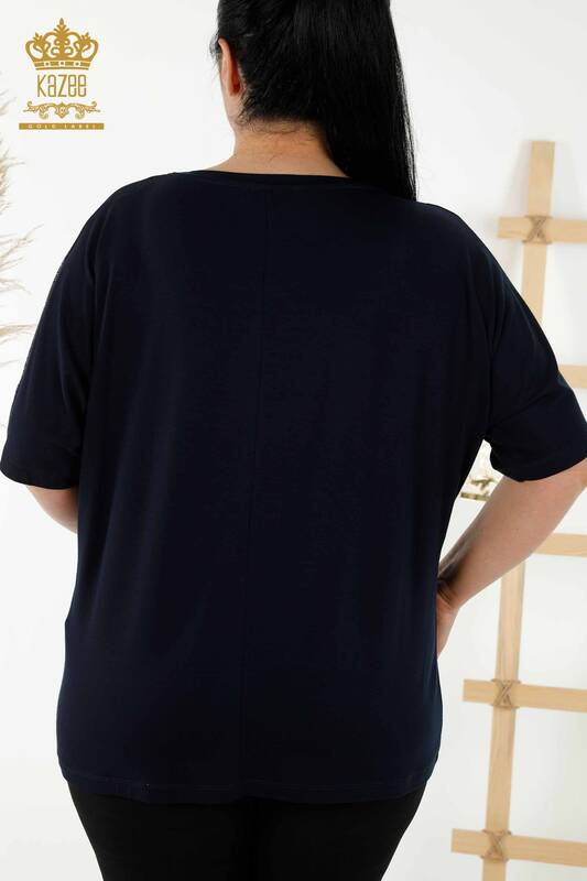 Wholesale Women's Blouse - Short Sleeve - Navy Blue - 78804 | KAZEE