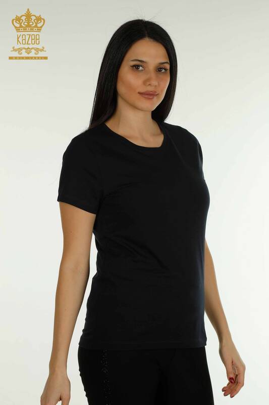 Wholesale Women's Blouse Short Sleeve Navy Blue - 79178 | KAZEE