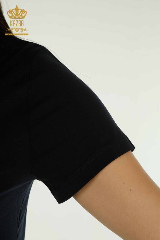 Wholesale Women's Blouse Short Sleeve Navy Blue - 79178 | KAZEE