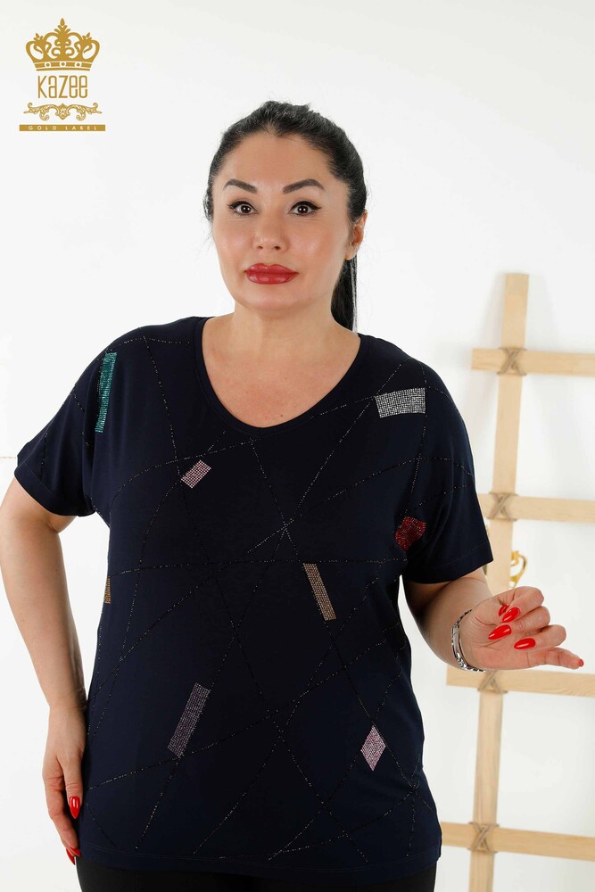 Wholesale Women's Blouse - Short Sleeve - Navy Blue - 79288 | KAZEE - 1