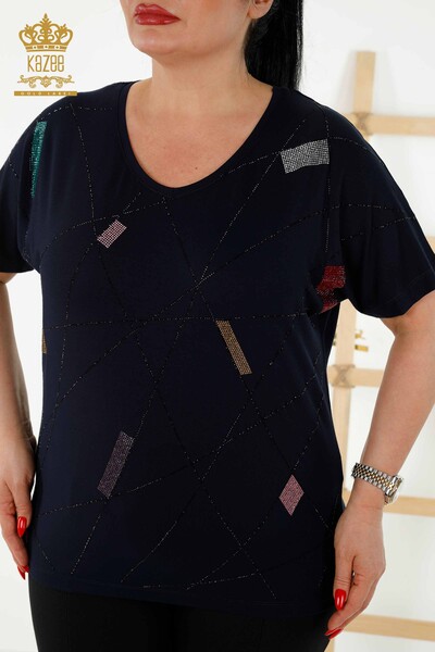 Wholesale Women's Blouse - Short Sleeve - Navy Blue - 79288 | KAZEE - 2