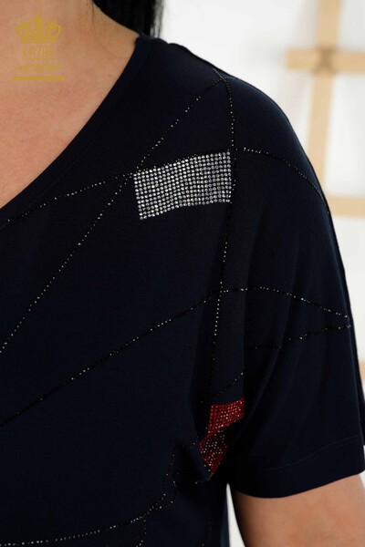 Wholesale Women's Blouse - Short Sleeve - Navy Blue - 79288 | KAZEE - Thumbnail