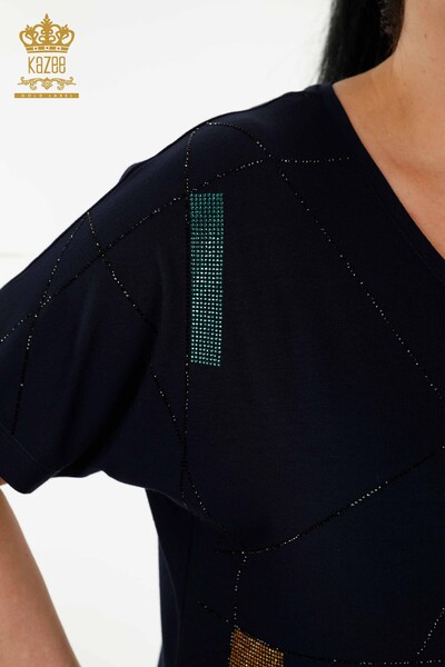 Wholesale Women's Blouse - Short Sleeve - Navy Blue - 79288 | KAZEE - Thumbnail