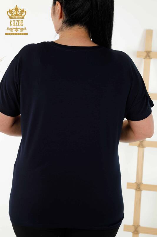 Wholesale Women's Blouse - Short Sleeve - Navy Blue - 79288 | KAZEE