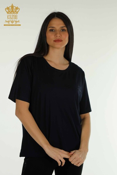 Wholesale Women's Blouse Short Sleeve Navy - 79302 | KAZEE - Thumbnail