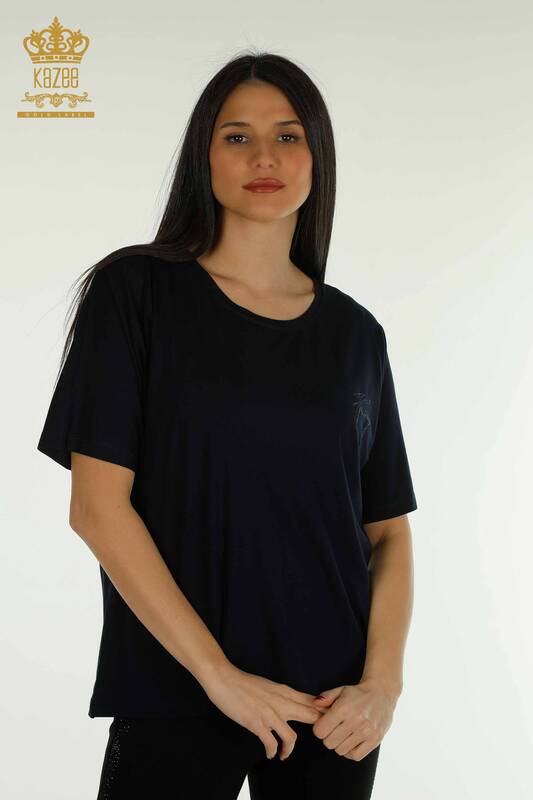 Wholesale Women's Blouse Short Sleeve Navy - 79302 | KAZEE