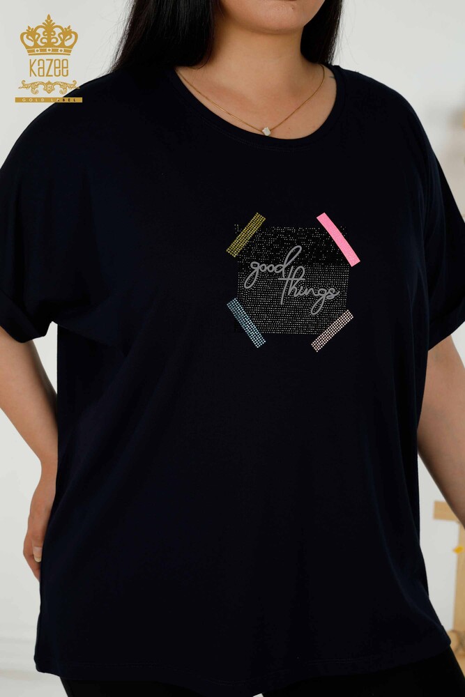 Wholesale Women's Blouse - Short Sleeve - Navy Blue - 79323 | KAZEE - 2