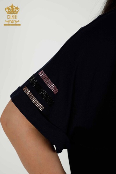 Wholesale Women's Blouse - Short Sleeve - Navy Blue - 79323 | KAZEE - Thumbnail