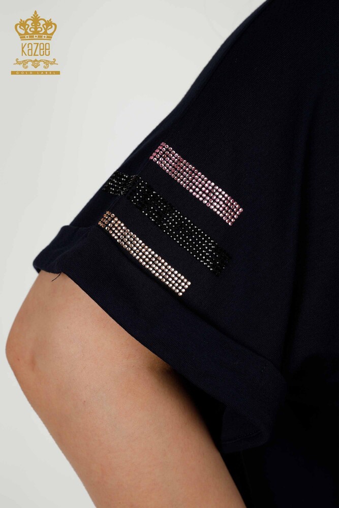 Wholesale Women's Blouse - Short Sleeve - Navy Blue - 79323 | KAZEE - 8