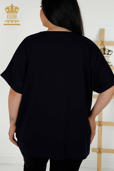 Wholesale Women's Blouse - Short Sleeve - Navy Blue - 79323 | KAZEE - Thumbnail