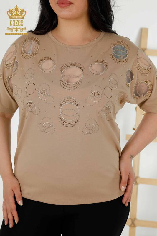 Wholesale Women's Blouse - Short Sleeve - Patterned - Beige - 79094 | KAZEE