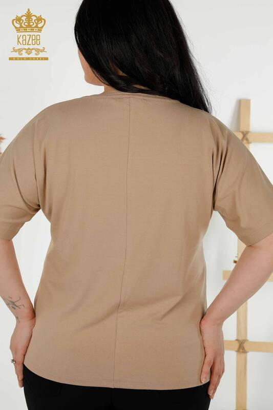 Wholesale Women's Blouse - Short Sleeve - Patterned - Beige - 79094 | KAZEE