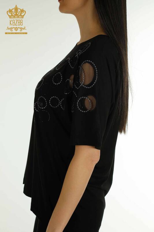 Wholesale Women's Blouse - Short Sleeve - Patterned - Black - 79094 | KAZEE