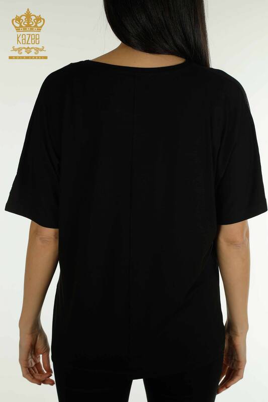 Wholesale Women's Blouse - Short Sleeve - Patterned - Black - 79094 | KAZEE