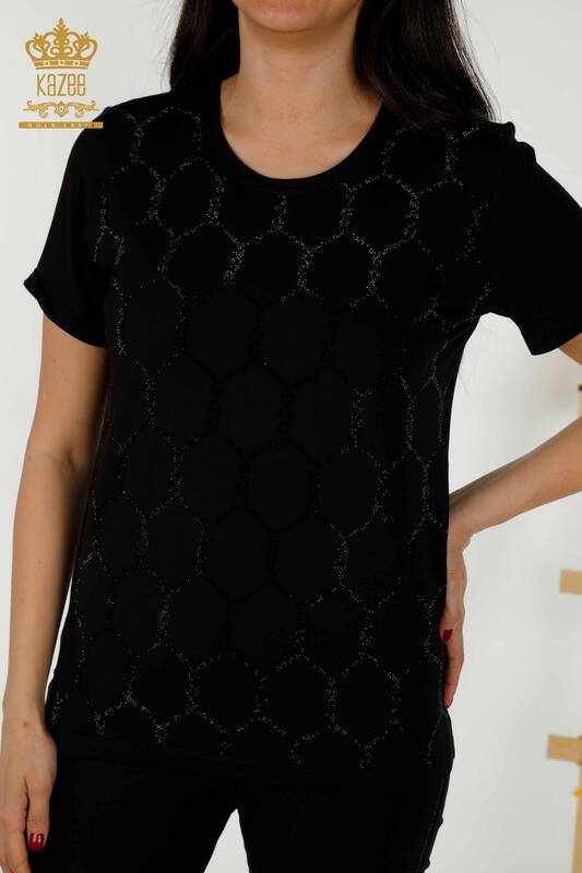 Wholesale Women's Blouse - Short Sleeve - Patterned - Black - 79304 | KAZEE