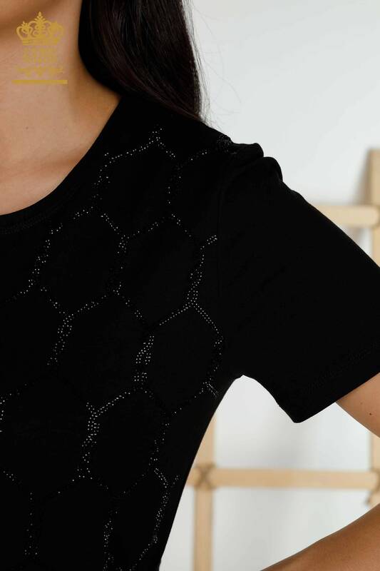 Wholesale Women's Blouse - Short Sleeve - Patterned - Black - 79304 | KAZEE